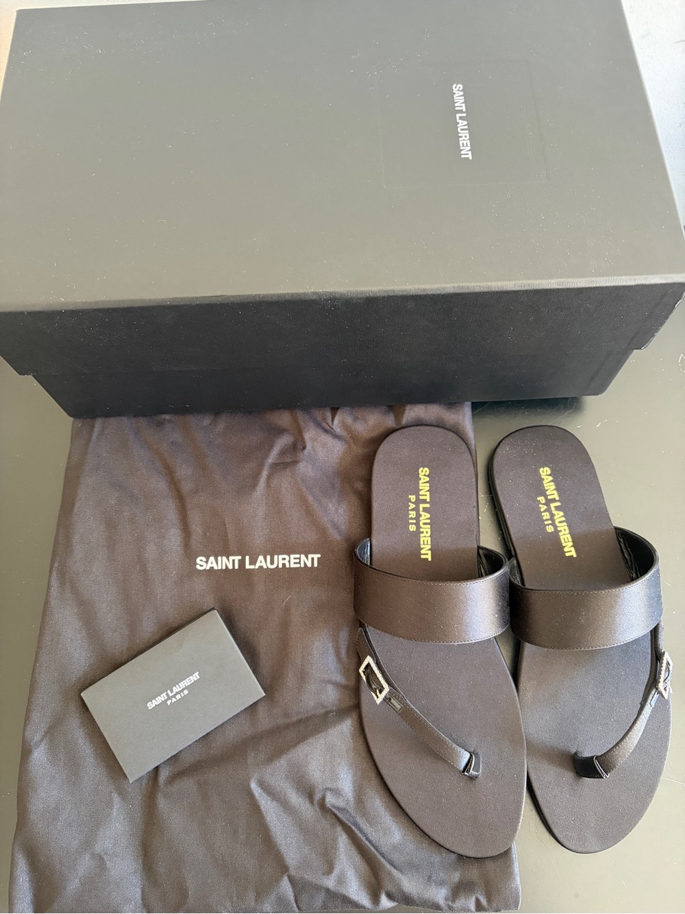 Saint Laurent Black Satin Slide Sandals with Rhinestone Buckle Detail